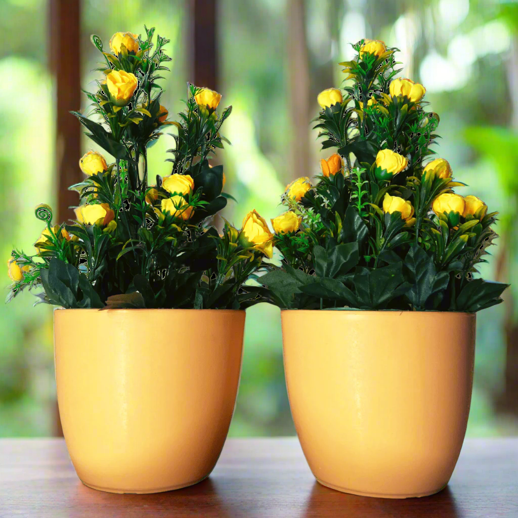 Elegant Yellow Flowers in Peach Planter Pot